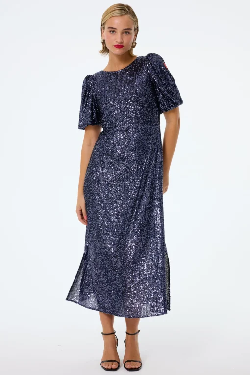 Women Scamp & Dude Navy Sequin Puff Sleeve Midi Dress