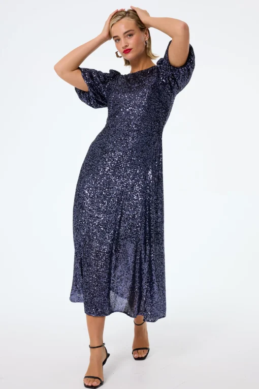 Women Scamp & Dude Navy Sequin Puff Sleeve Midi Dress