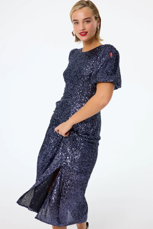 Women Scamp & Dude Navy Sequin Puff Sleeve Midi Dress