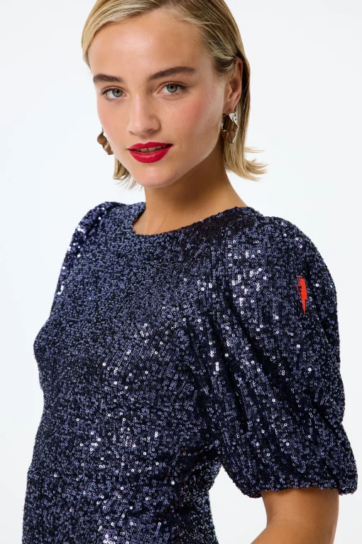 Women Scamp & Dude Navy Sequin Puff Sleeve Midi Dress