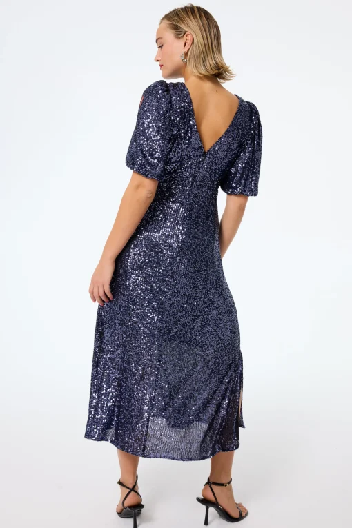 Women Scamp & Dude Navy Sequin Puff Sleeve Midi Dress