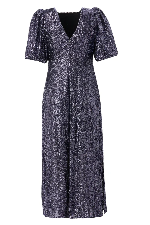 Women Scamp & Dude Navy Sequin Puff Sleeve Midi Dress