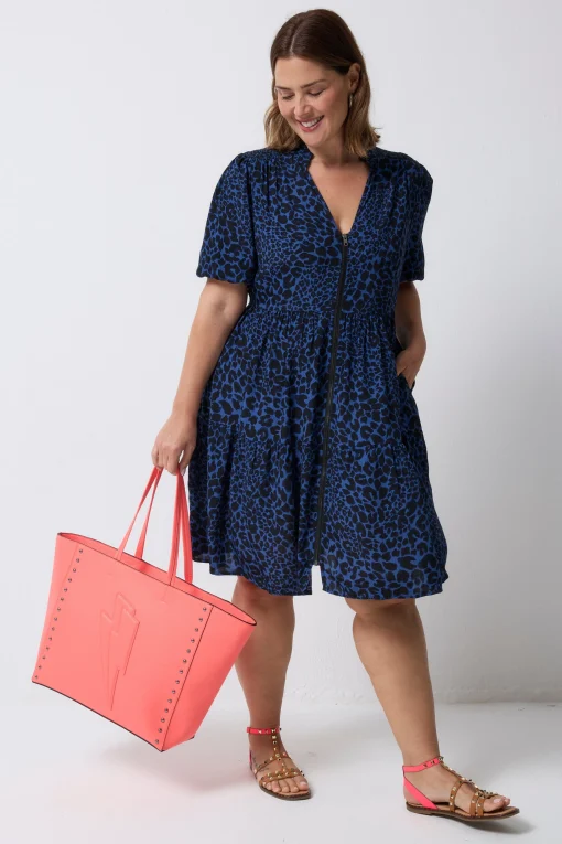 Women Scamp & Dude Navy with Black Rock and Roll Leopard Zip Detail Tiered Short Dress