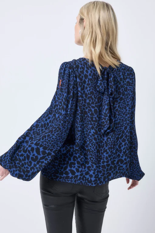 Women Scamp & Dude Navy with Black Rock and Roll Leopard Blouson Sleeve Top