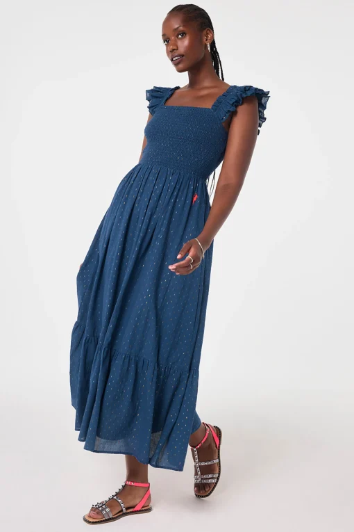 Women Scamp & Dude Navy with Gold Lurex Spot Maxi Sundress
