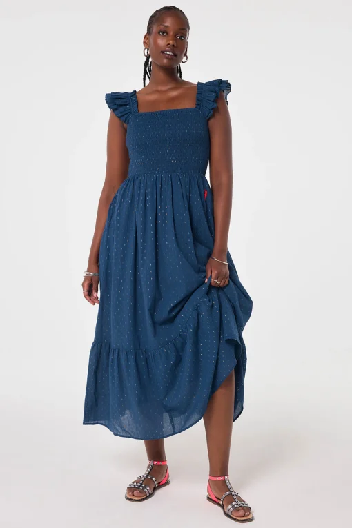 Women Scamp & Dude Navy with Gold Lurex Spot Maxi Sundress