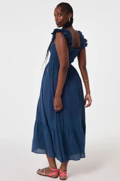 Women Scamp & Dude Navy with Gold Lurex Spot Maxi Sundress