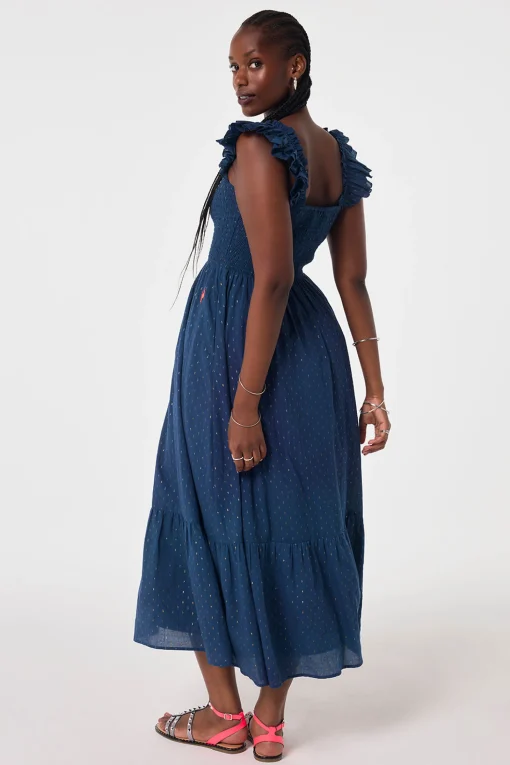 Women Scamp & Dude Navy with Gold Lurex Spot Maxi Sundress