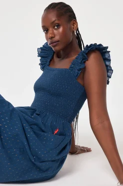Women Scamp & Dude Navy with Gold Lurex Spot Maxi Sundress