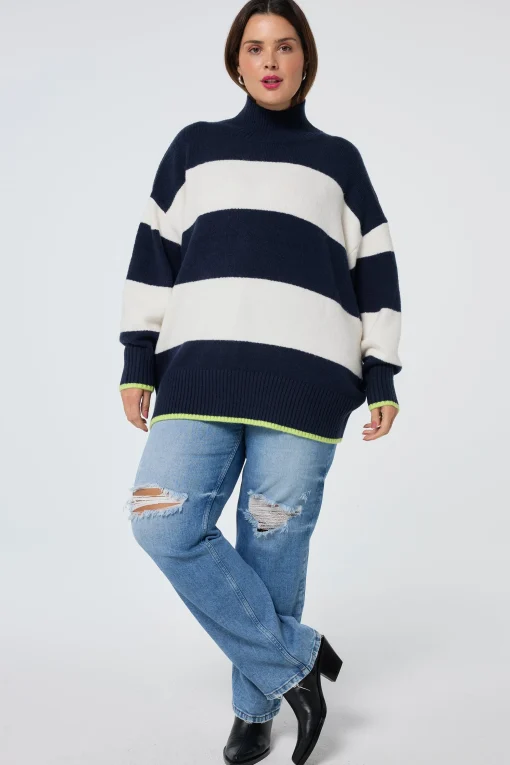 Women Scamp & Dude Navy with Ivory Stripe Oversized Turtleneck Jumper
