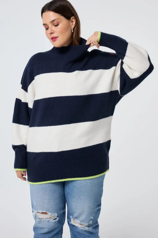 Women Scamp & Dude Navy with Ivory Stripe Oversized Turtleneck Jumper