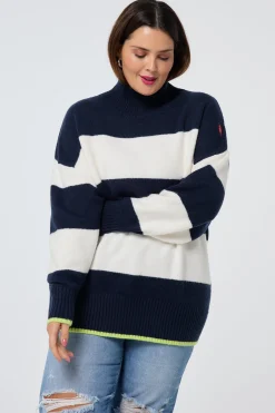 Women Scamp & Dude Navy with Ivory Stripe Oversized Turtleneck Jumper