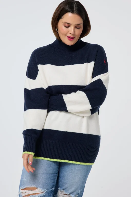 Women Scamp & Dude Navy with Ivory Stripe Oversized Turtleneck Jumper