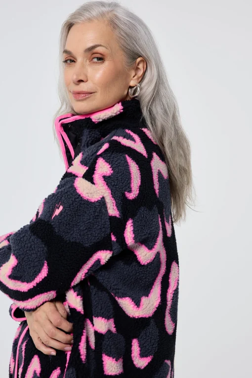 Women Scamp & Dude Navy with Pink Mega Shadow Leopard Button Through Fleece Jacket