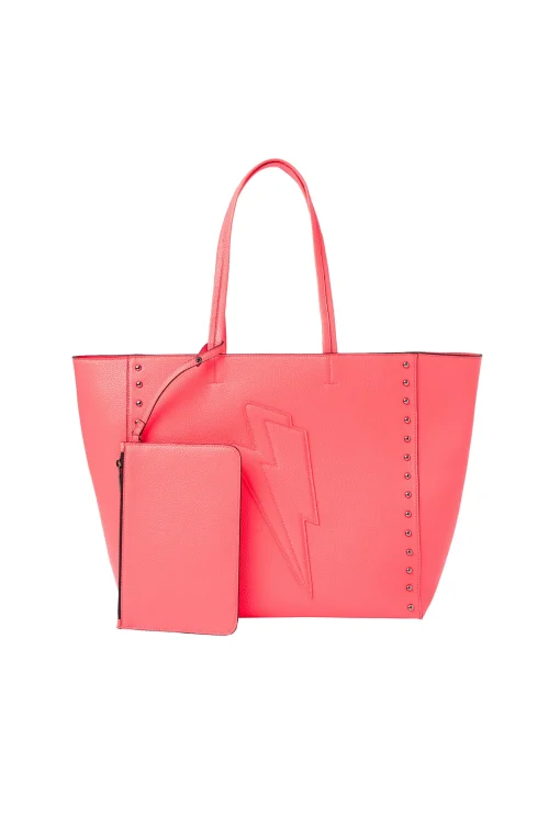 Women Scamp & Dude Neon Coral Studded Tote Bag