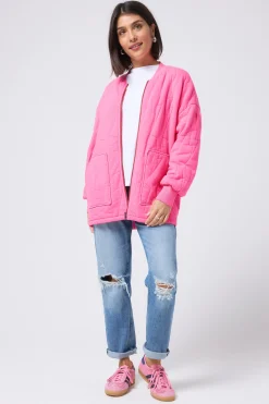 Women Scamp & Dude Neon Pink Organic Cotton Quilted Lightning Bolt Oversized Bomber Jacket