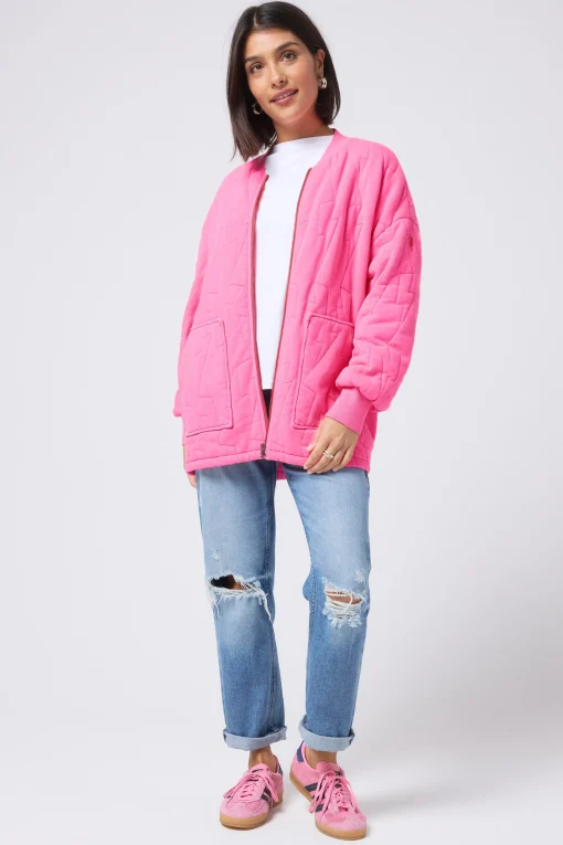 Women Scamp & Dude Neon Pink Organic Cotton Quilted Lightning Bolt Oversized Bomber Jacket