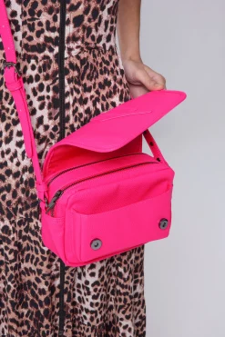 Women Scamp & Dude Neon Pink Studded Twin Compartment Cross Body Bag