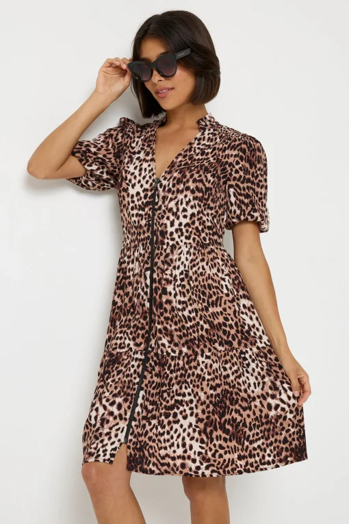 Women Scamp & Dude Neutral with Black Cheetah Zip Detail Tiered Short Dress