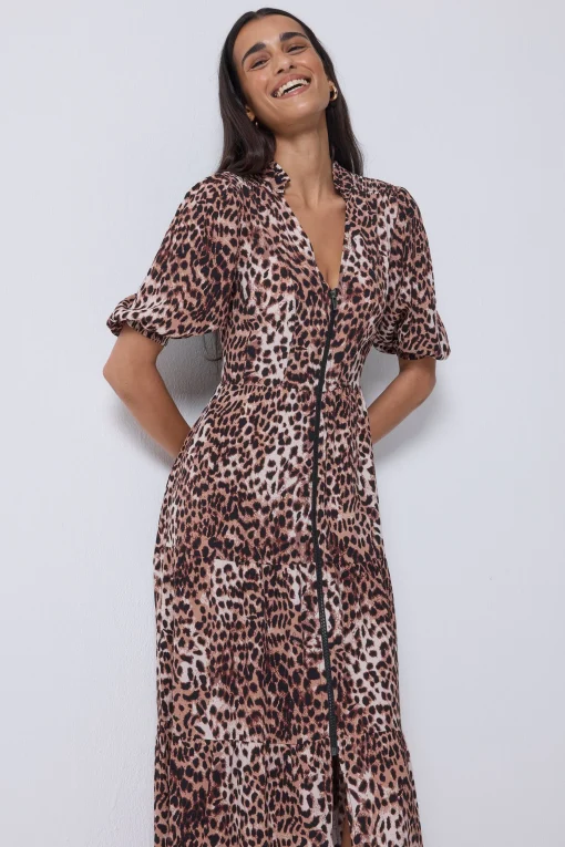 Women Scamp & Dude Neutral with Black Cheetah Zip Detail Tiered Midi Dress