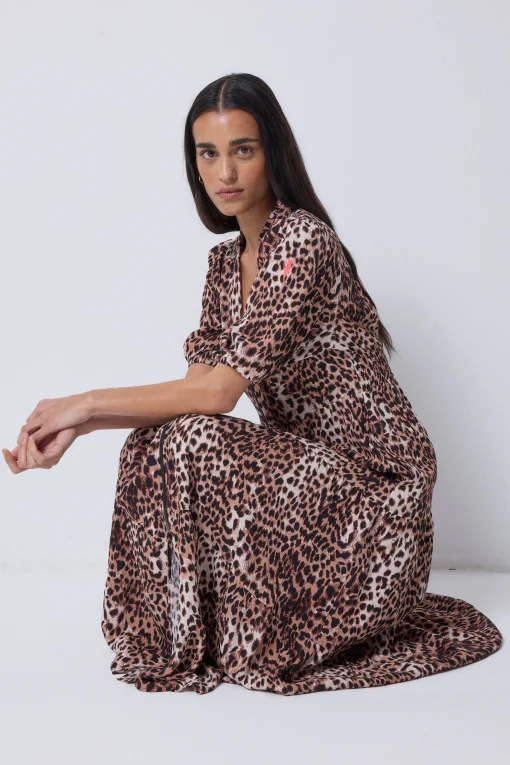 Women Scamp & Dude Neutral with Black Cheetah Zip Detail Tiered Midi Dress
