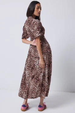 Women Scamp & Dude Neutral with Black Cheetah Zip Detail Tiered Midi Dress