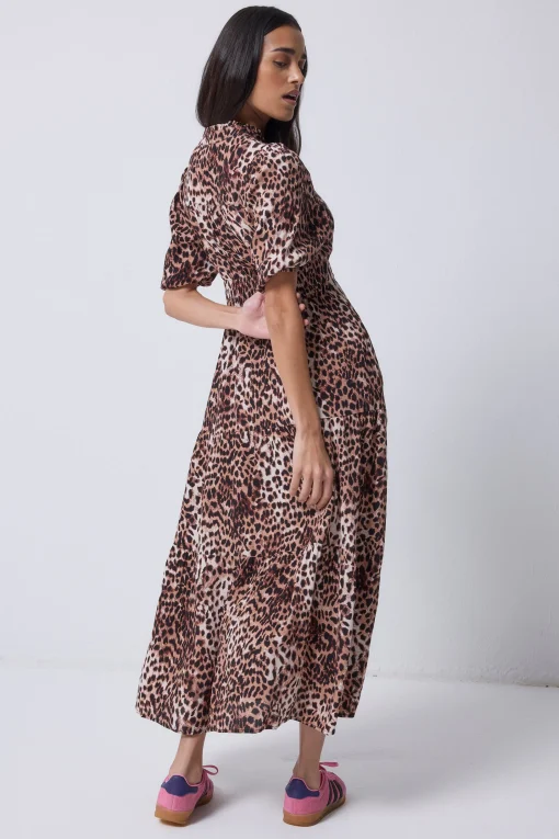 Women Scamp & Dude Neutral with Black Cheetah Zip Detail Tiered Midi Dress