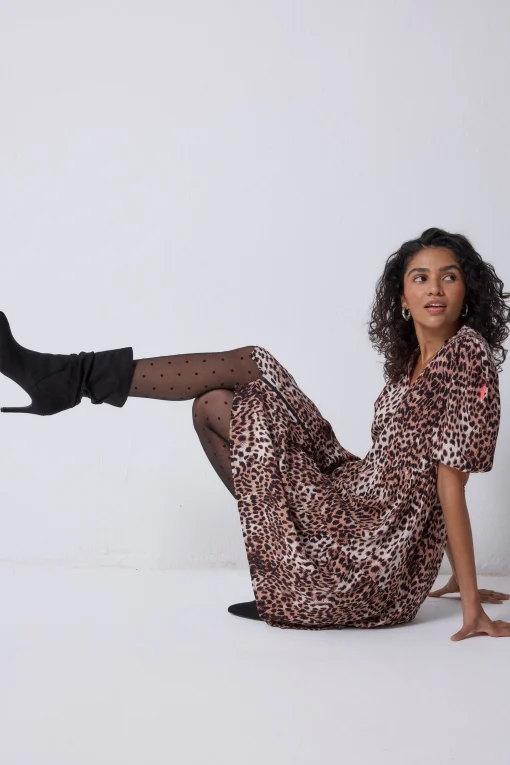 Women Scamp & Dude Neutral with Black Cheetah Zip Detail Tiered Short Dress