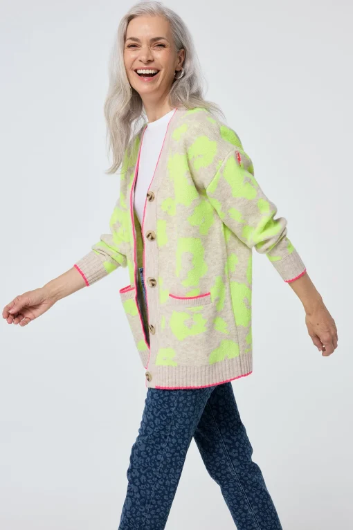 Women Scamp & Dude Oatmeal with Neon Yellow Mega Leopard Longline Jacquard Cardigan