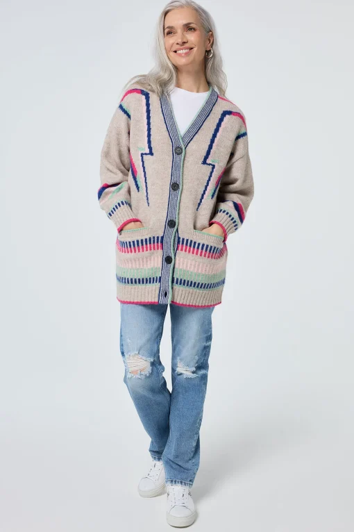 Women Scamp & Dude Oatmeal with Rainbow Statement Bolt Longline Cardigan