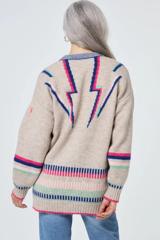 Women Scamp & Dude Oatmeal with Rainbow Statement Bolt Longline Cardigan