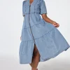 Women Scamp & Dude Pale Indigo Zip Detail Tiered Midi Denim Dress