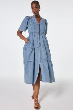 Women Scamp & Dude Pale Indigo Zip Detail Tiered Midi Denim Dress