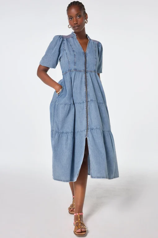 Women Scamp & Dude Pale Indigo Zip Detail Tiered Midi Denim Dress