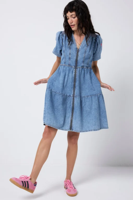 Women Scamp & Dude Pale Indigo Zip Detail Tiered Short Denim Dress