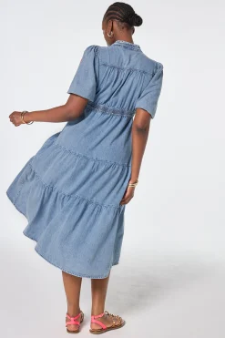 Women Scamp & Dude Pale Indigo Zip Detail Tiered Midi Denim Dress