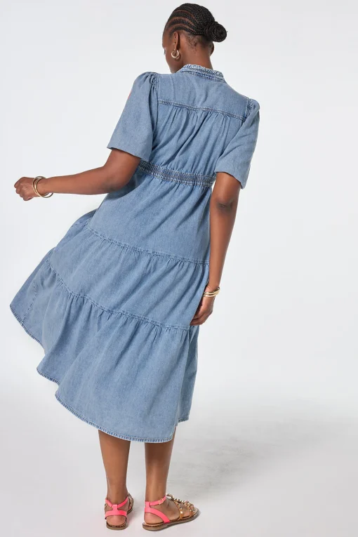 Women Scamp & Dude Pale Indigo Zip Detail Tiered Midi Denim Dress