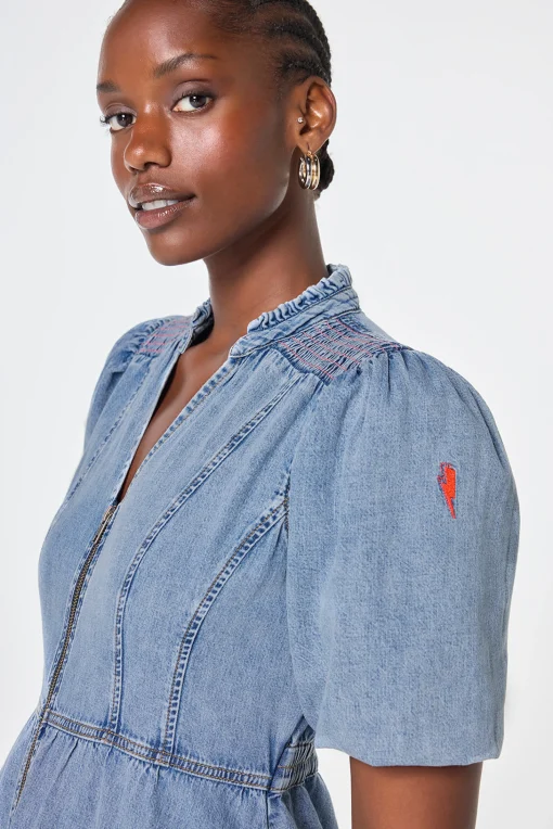 Women Scamp & Dude Pale Indigo Zip Detail Tiered Midi Denim Dress