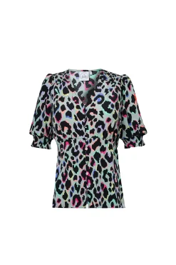 Women Scamp & Dude Pale Khaki with Rainbow Shadow Leopard Button Through Blouse