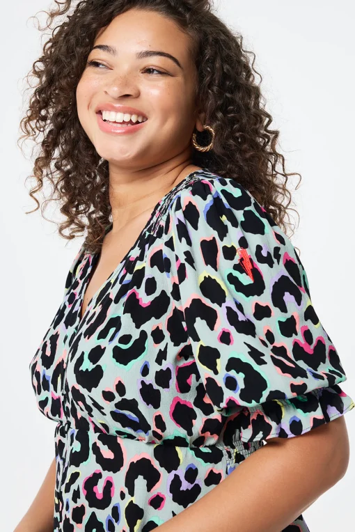 Women Scamp & Dude Pale Khaki with Rainbow Shadow Leopard Button Through Blouse