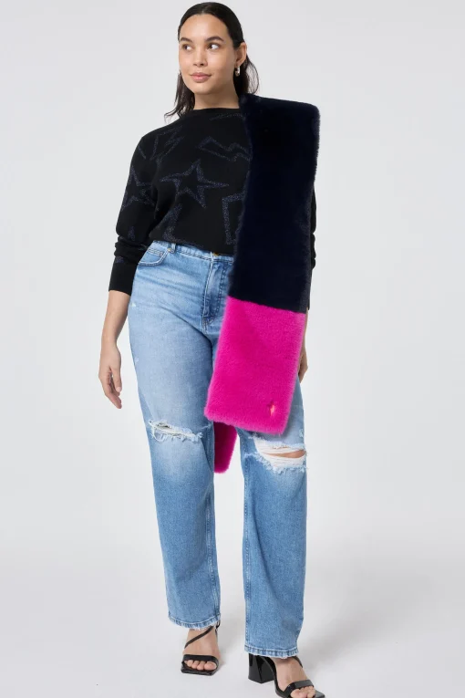 Women Scamp & Dude Pink and Navy Colour Block Faux Fur Scarf