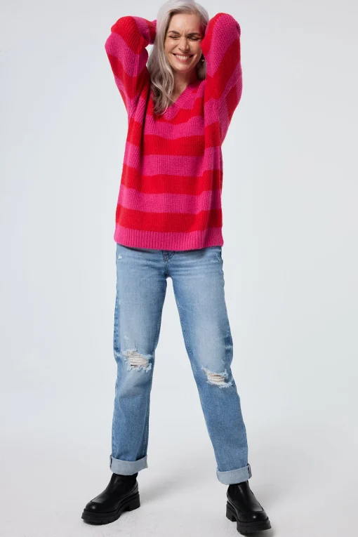 Women Scamp & Dude Pink and Red Stripe V Neck Knit Jumper