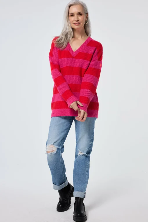 Women Scamp & Dude Pink and Red Stripe V Neck Knit Jumper
