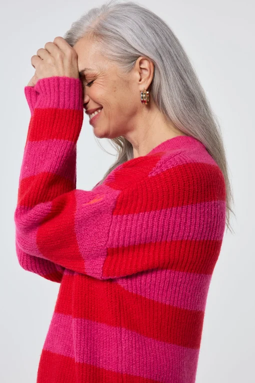 Women Scamp & Dude Pink and Red Stripe V Neck Knit Jumper