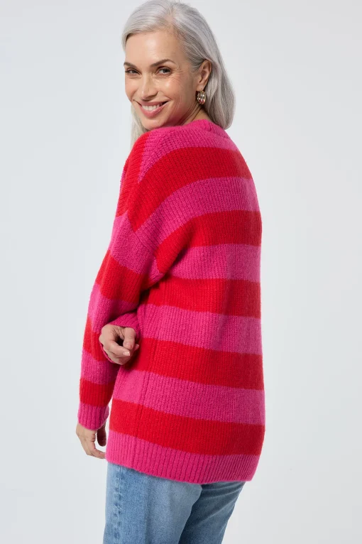 Women Scamp & Dude Pink and Red Stripe V Neck Knit Jumper