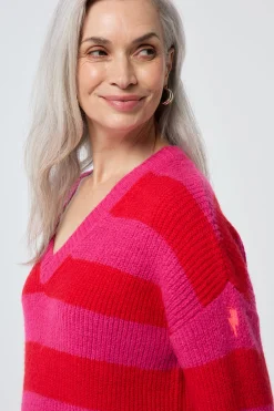 Women Scamp & Dude Pink and Red Stripe V Neck Knit Jumper