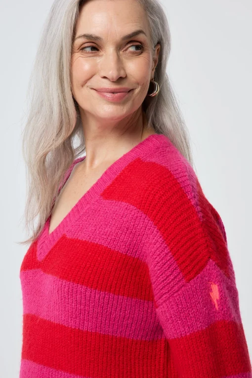 Women Scamp & Dude Pink and Red Stripe V Neck Knit Jumper