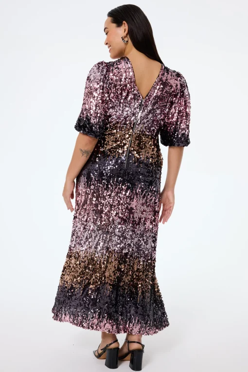 Women Scamp & Dude Pink Ombre Sequin Puff Sleeve Midi Dress