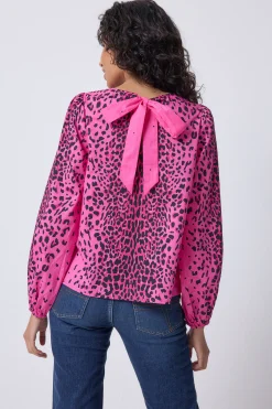 Women Scamp & Dude Pink with Black Wild Leopard Blouson Sleeve Top