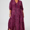 Women Scamp & Dude Pink with Black Wild Leopard Zip Detail Tiered Midi Dress